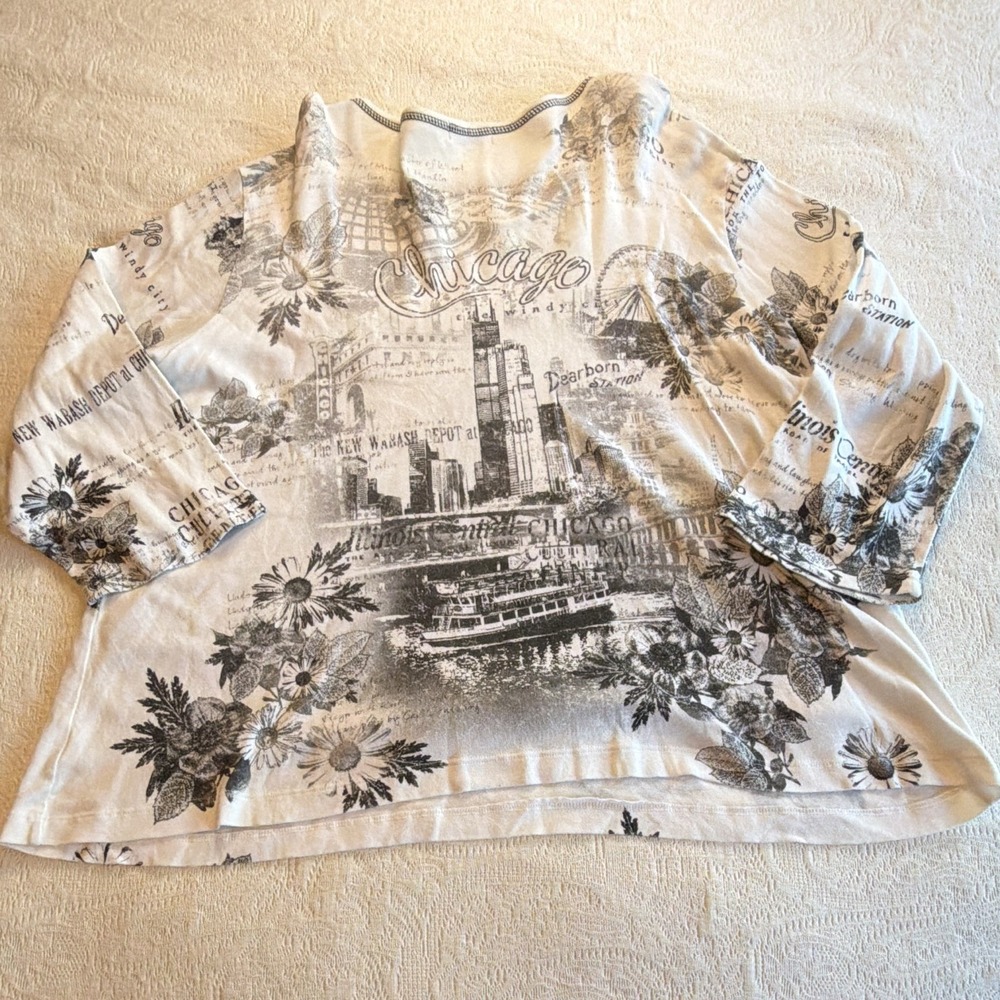 Cactus Chicago Floral Rhinestone Knit Top White Black 3/4 Sleeve Womens M - Picture 7 of 7
